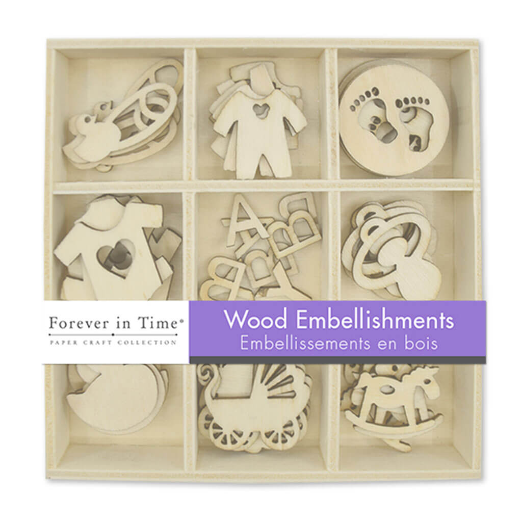 Paper Craft Emb: 45pc Mini Wood Embellishment in 9 Comp Box Baby