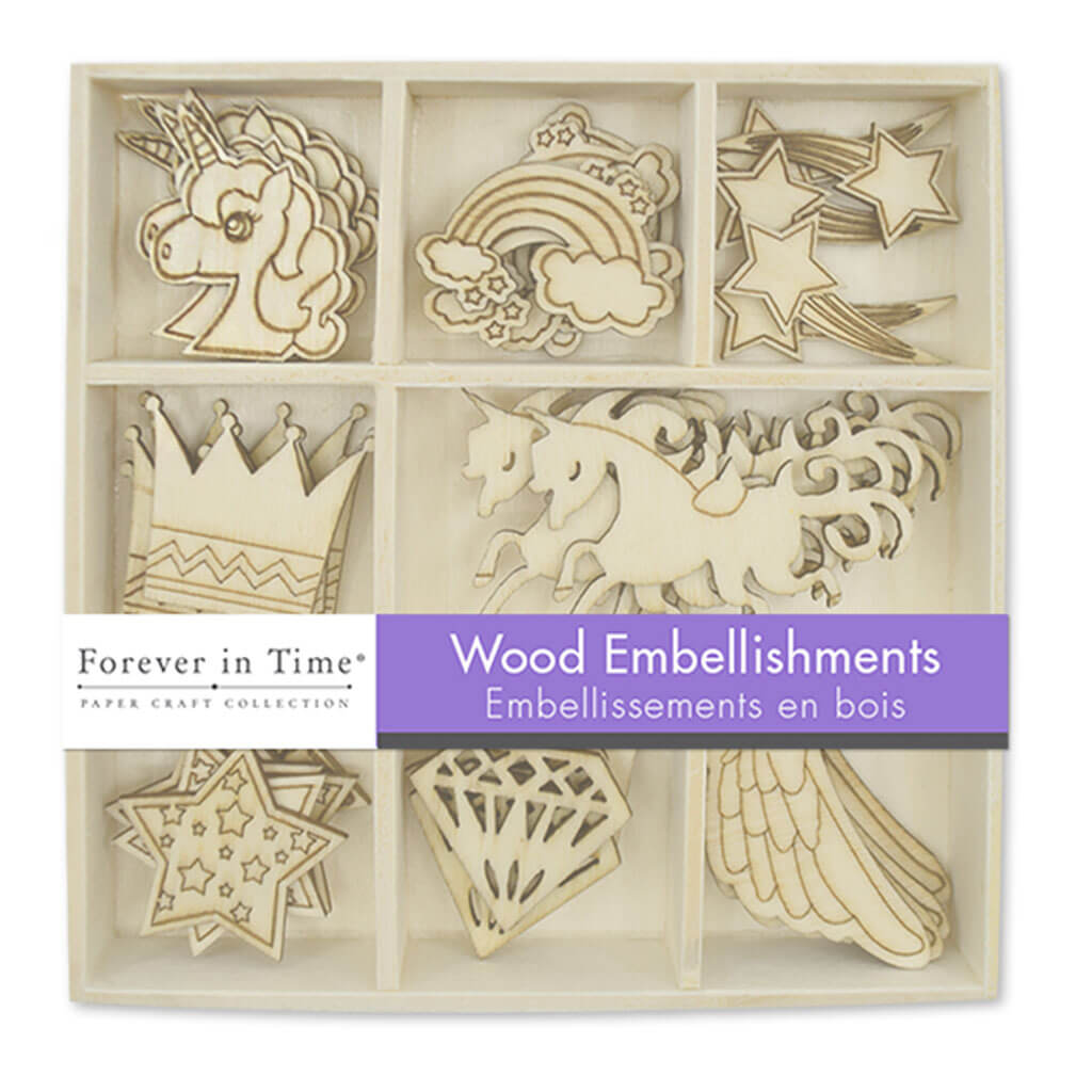 Paper Craft Emb: 45pc Mini Wood Embellishment in 9 Comp Box Unicorn