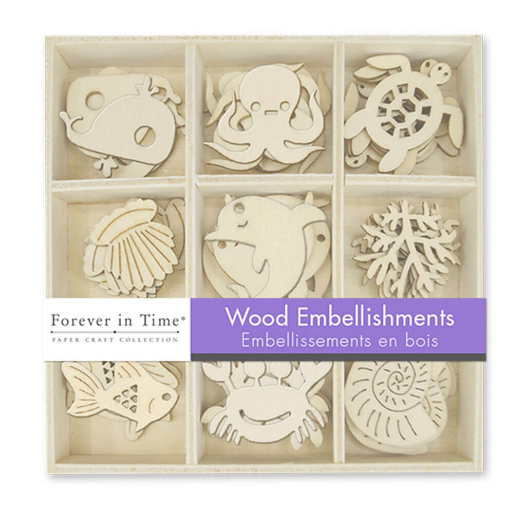 Paper Craft Emb: 45pc Mini Wood Embellishment in 9 Comp Box Sea Life