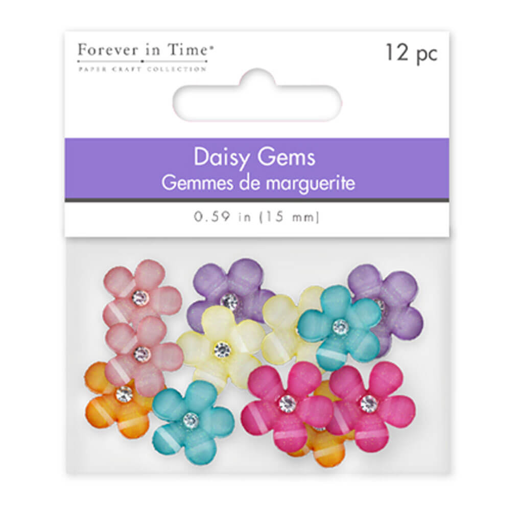 Paper Craft Emb: 15mm Glitter Daisy Gems 12pc with 3mm Crystal Assorted Pastel Medley