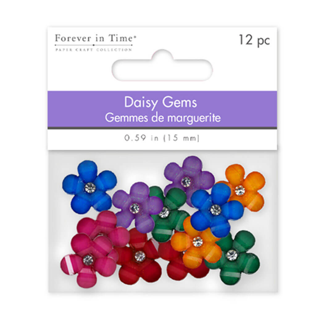 Paper Craft Emb: 15mm Glitter Daisy Gems 12pc with 3mm Crystal Assorted Bold Medley