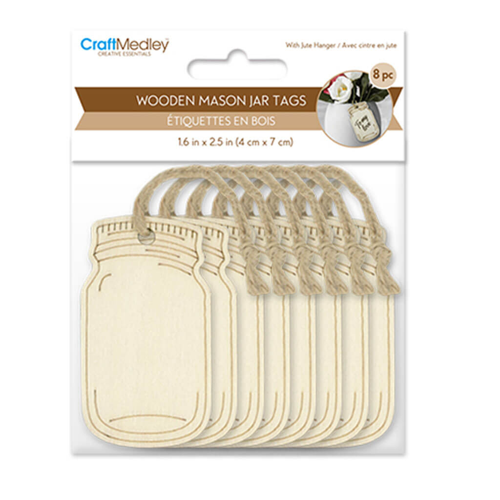 Wood Craft: Etched Mason Jar Tags with Jute Cord 4cm x 7cm 8pc