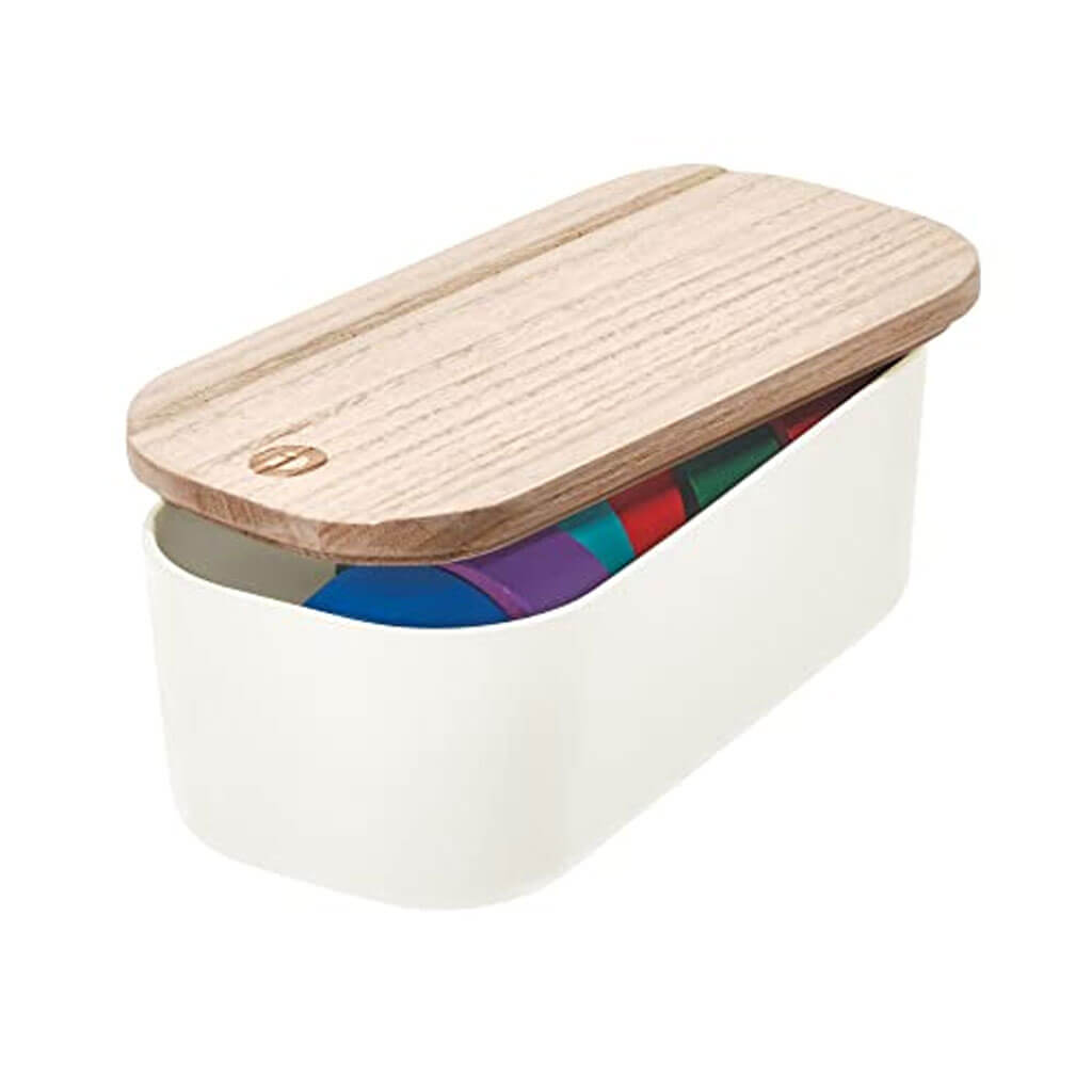 Compact Bin &amp; Wood Lid, 3.6in x 7.2in x 2.4in