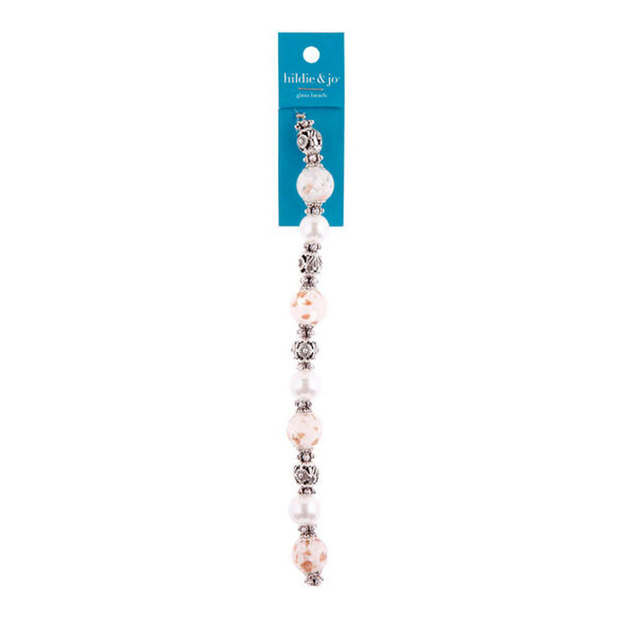 White Glass & Silver Metal Flower Strung Beads 7in