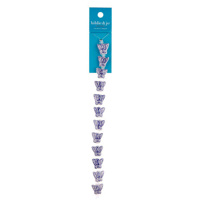 Blue Ceramic Butterfly Strung Beads 7in