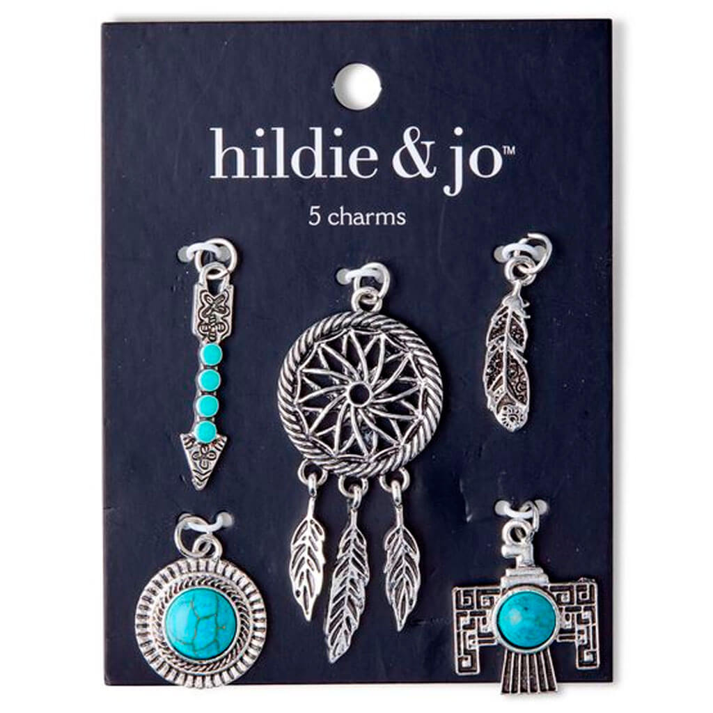 Turquoise &amp; Silver Dream Catcher &amp; Feather Charms 5pk