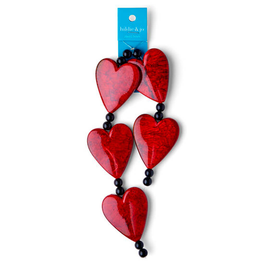 Red Marble &amp; Black Resin Heart Bead Strand 12in