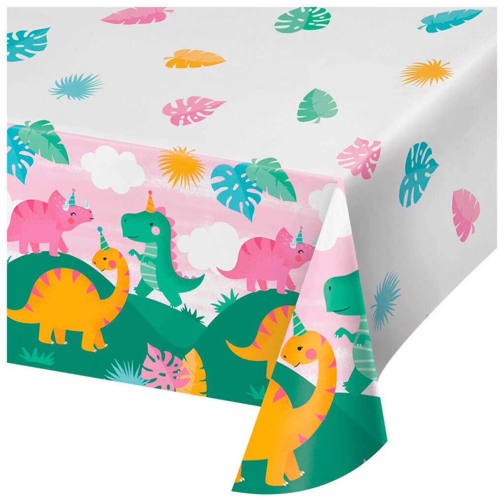 Girl Dino Party Paper Tablecover, 54in x 102in