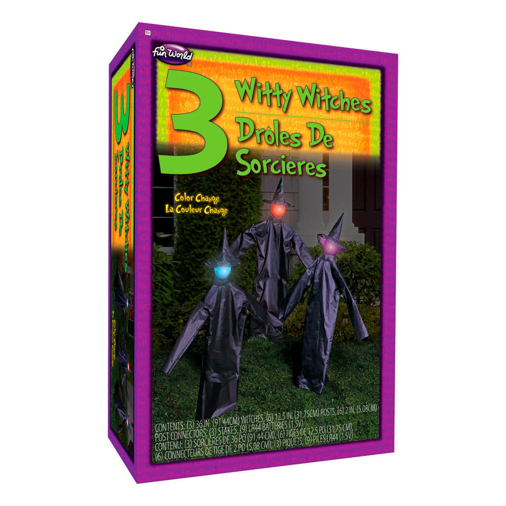 Light-Up &amp; Color Change 3 Witty Lawn Witches, 36in