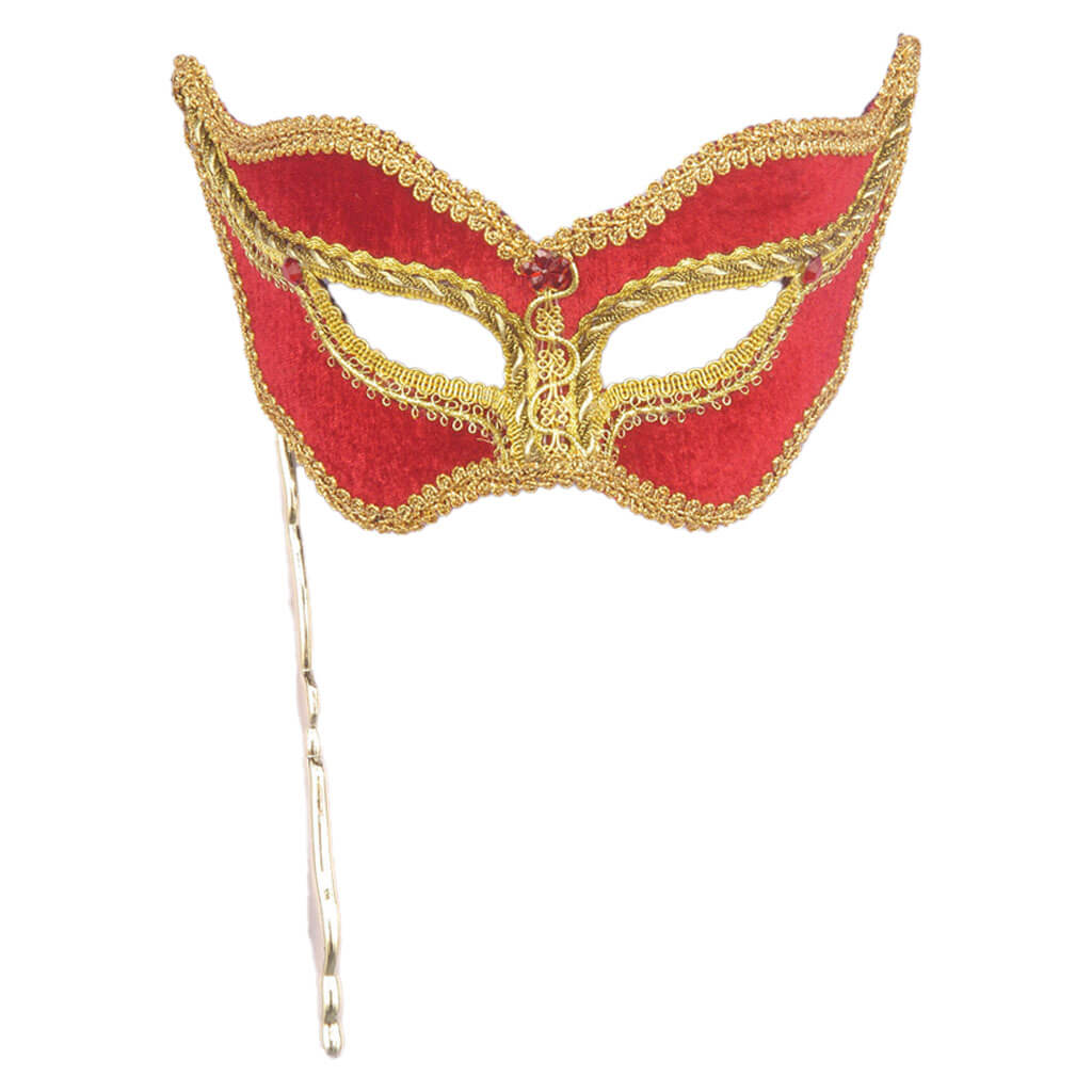 Gold Venetian Mask with Stick Handle Red