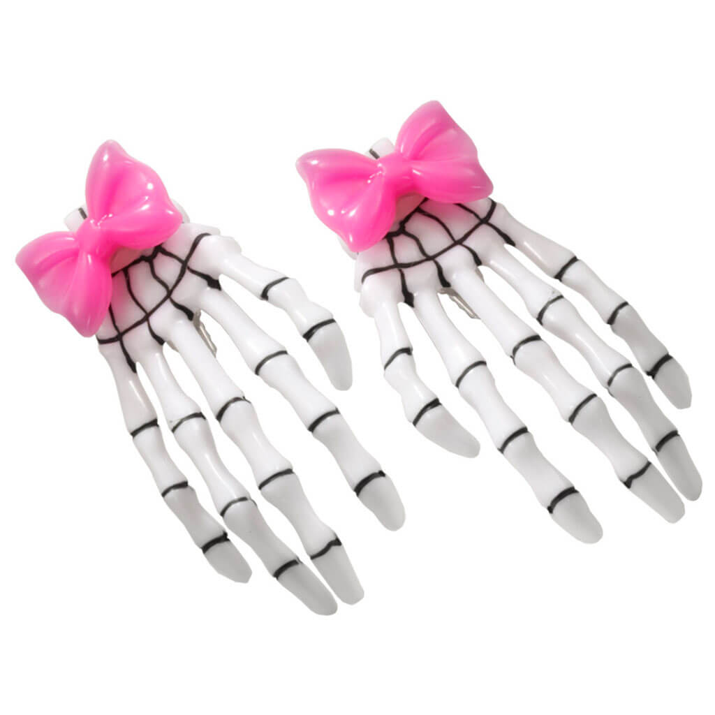 Skeleton Hand Hair Clips with Pink Bow