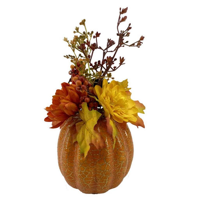 Fall Mum & Dahlia Arrangement With Pumpkin, 10in