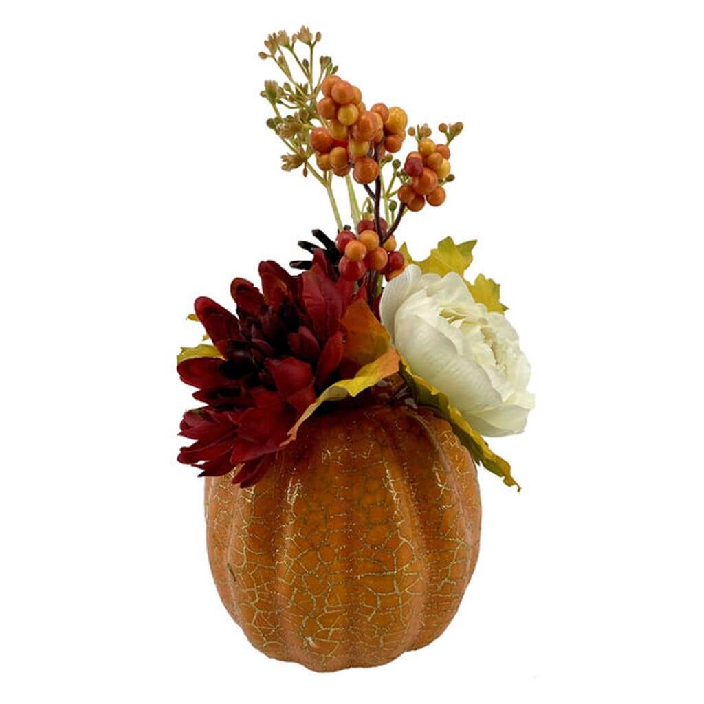 Fall Red Mum &amp; Dahlia Arrangement With Pumpkin, 10in