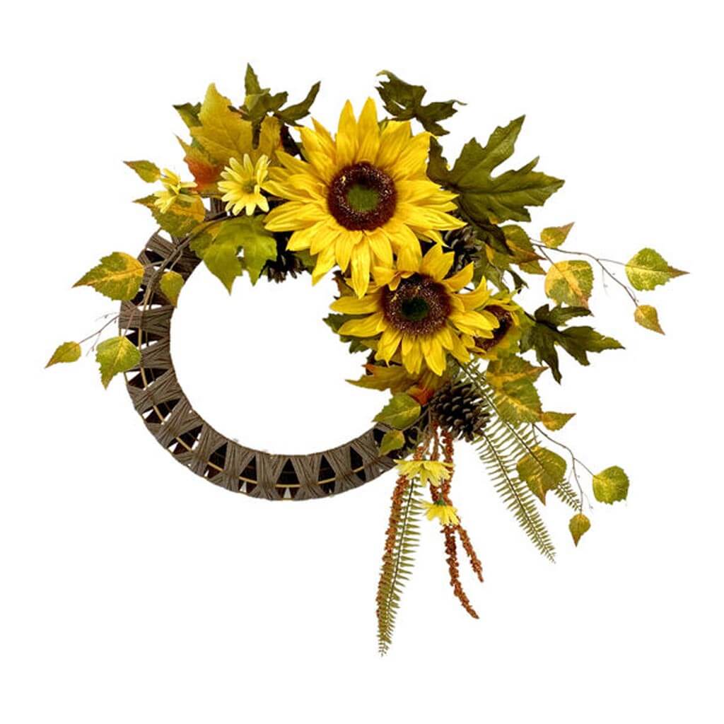 Fall Yellow Sunflower &amp; Oak Asymmetrical Wreath, 24in