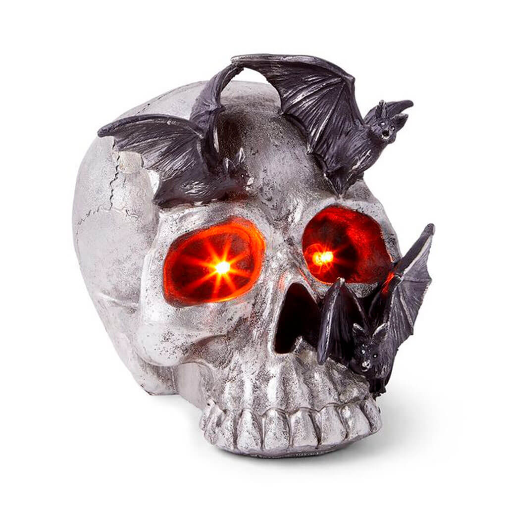 Halloween LED Silver Skull with Bats 7in