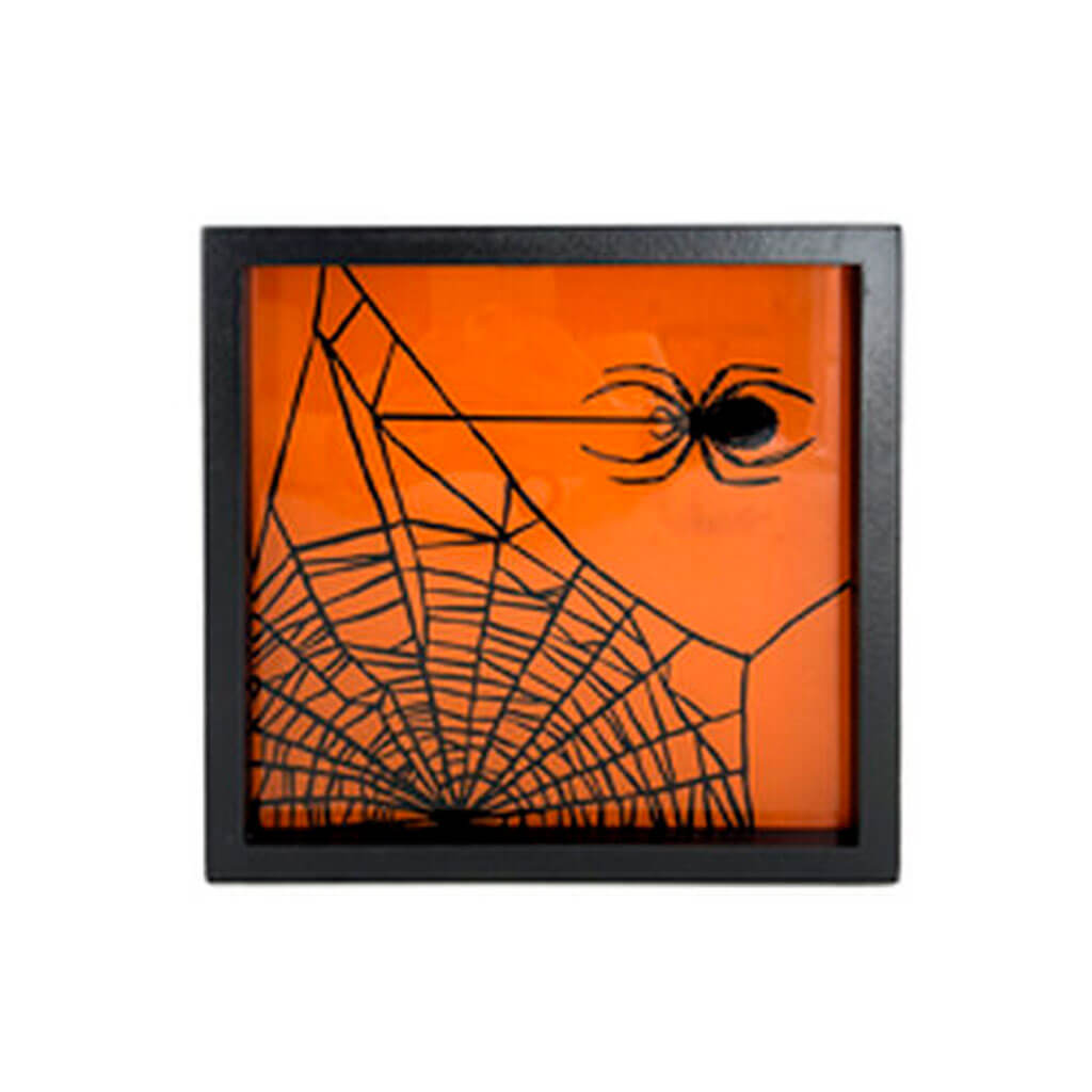 Halloween LED Black &amp; Orange Framed Spider &amp; Web 8in