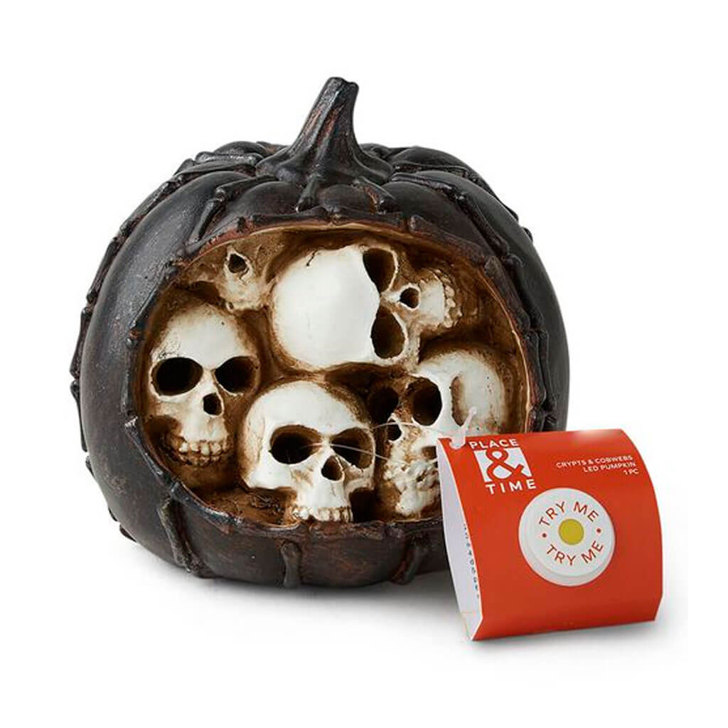 Halloween LED Black Pumpkin with Skulls 6in