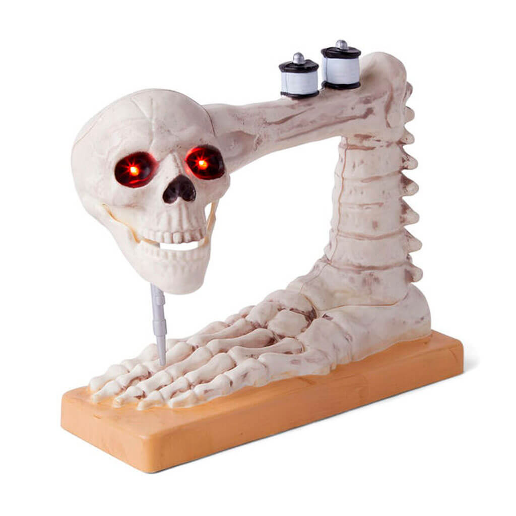 Halloween Animated LED Skeleton Sewing Machine 12in