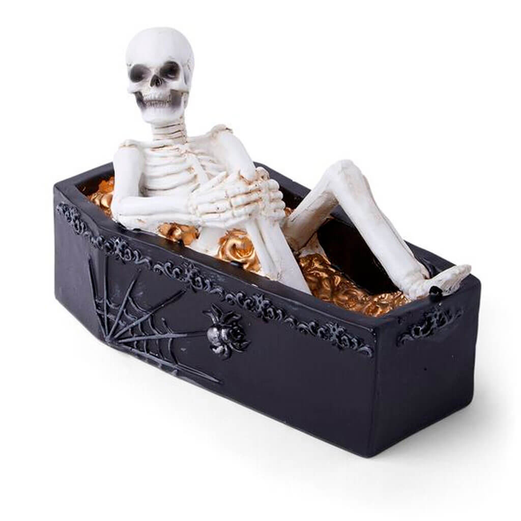 Halloween Skeleton Laying in Gold Filled Coffin 8in