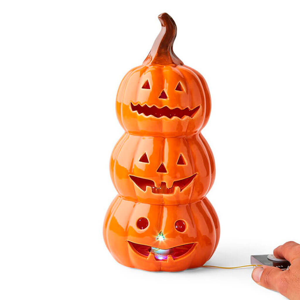 Halloween LED Orange Stacked Ceramic Pumpkins 12in