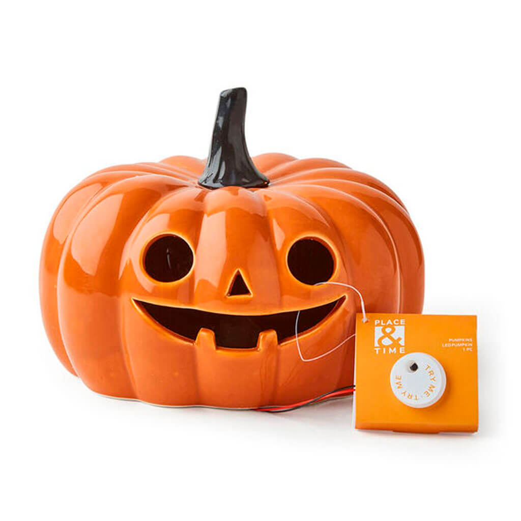 Halloween Orange LED Ceramic Jack O Lantern 8in