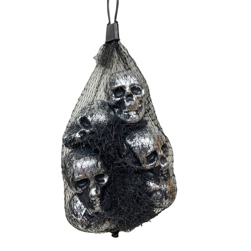 Halloween Silver Skull &amp; Black Moss in Mesh Bag