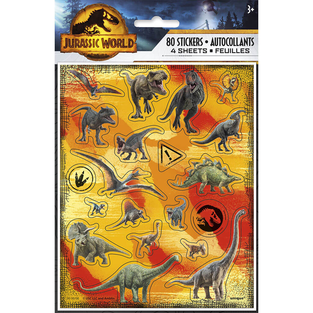 Jurassic World 3 Sticker 4 Sheet, 80 Stickers