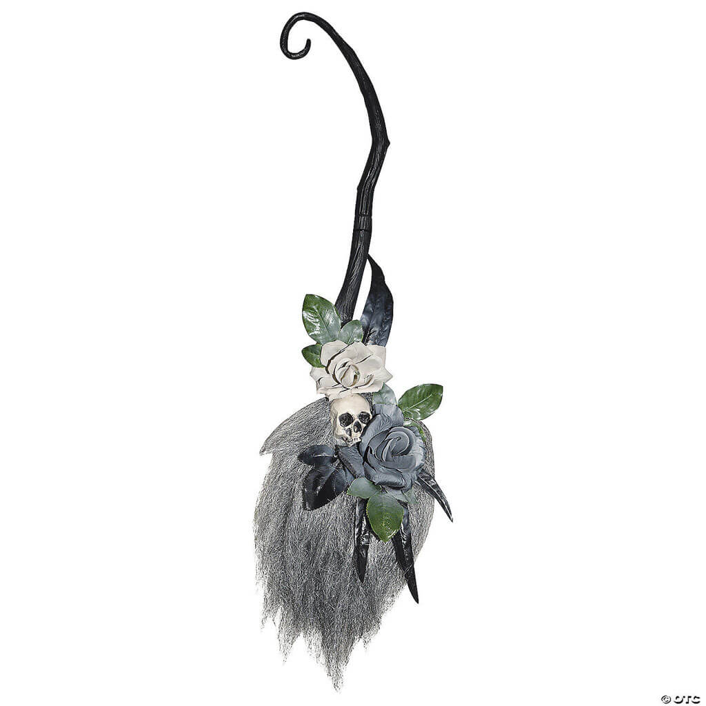 Crooked Witch Broom with Skull &amp; Roses, 35.5in