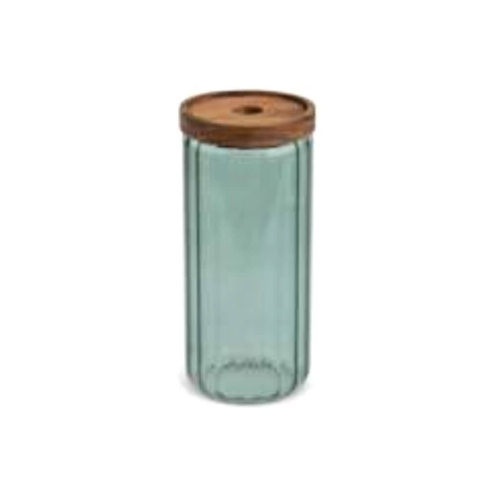 40.5oz Ribbed Glass Canister with Acacia Lid, Matcha