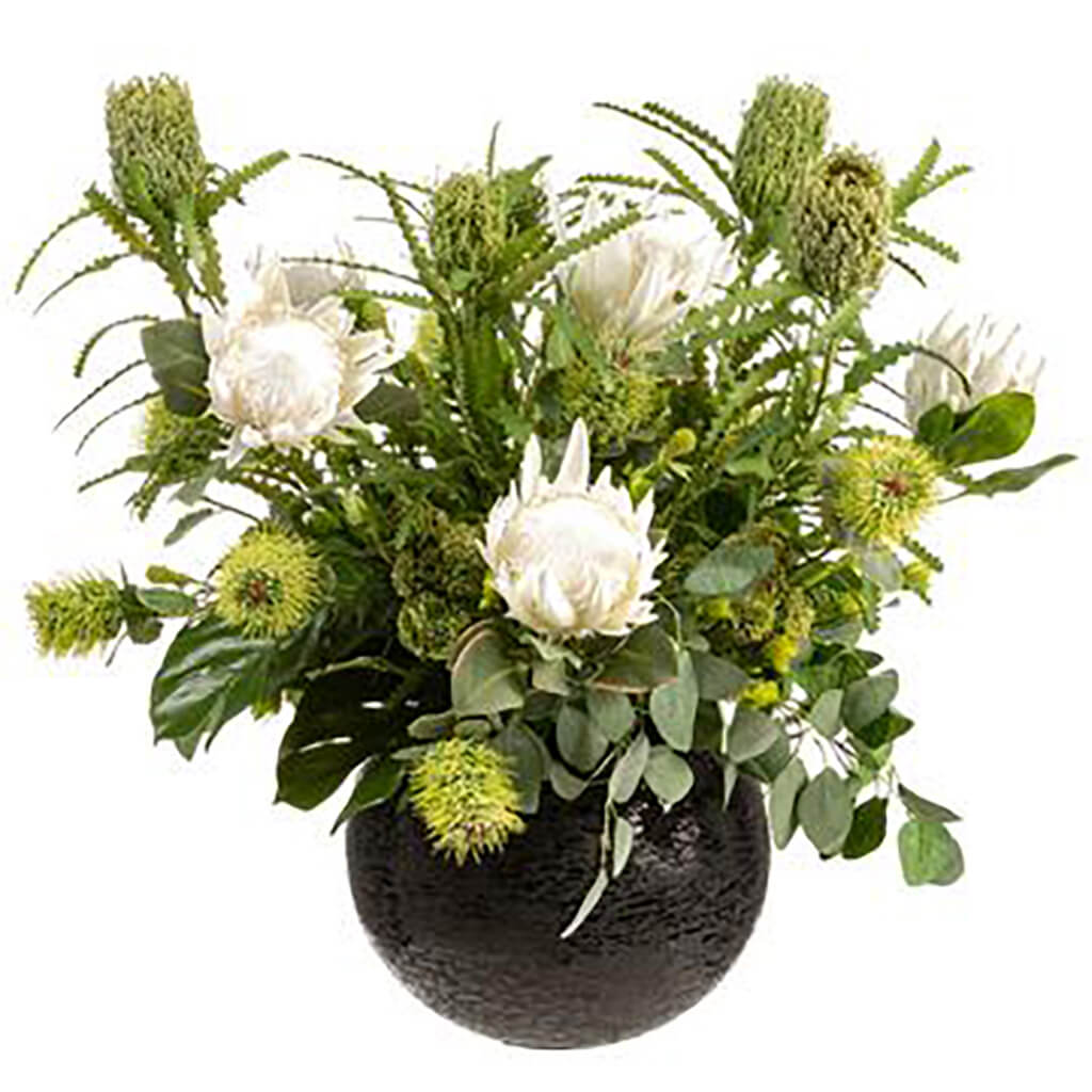 Protea/Banksia/Tropical Mix in Aluminium Round Vase Cream