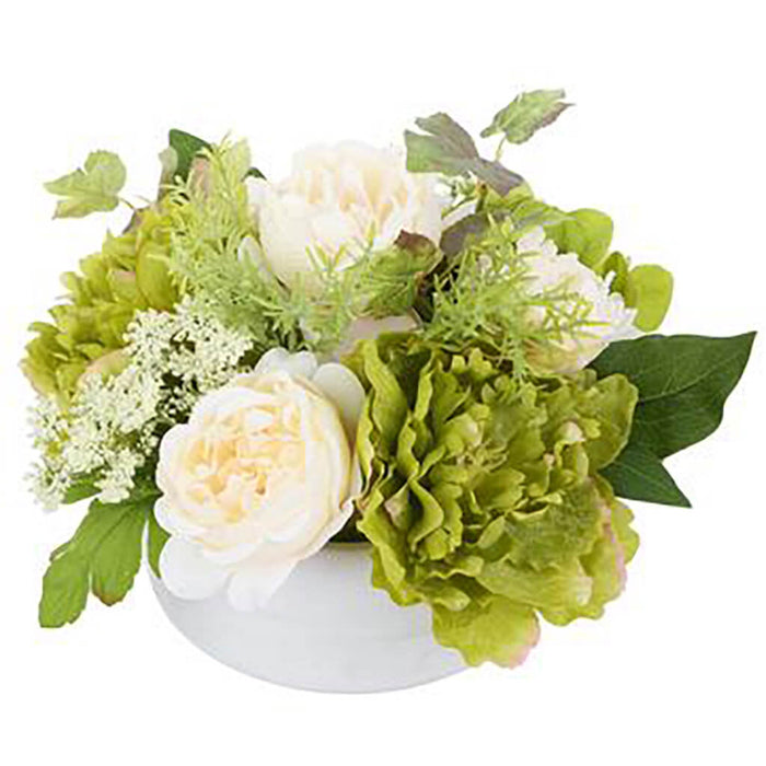 Hydrangea/Queen Anne's Lace in Cement Pot Green Cream, 7.5in