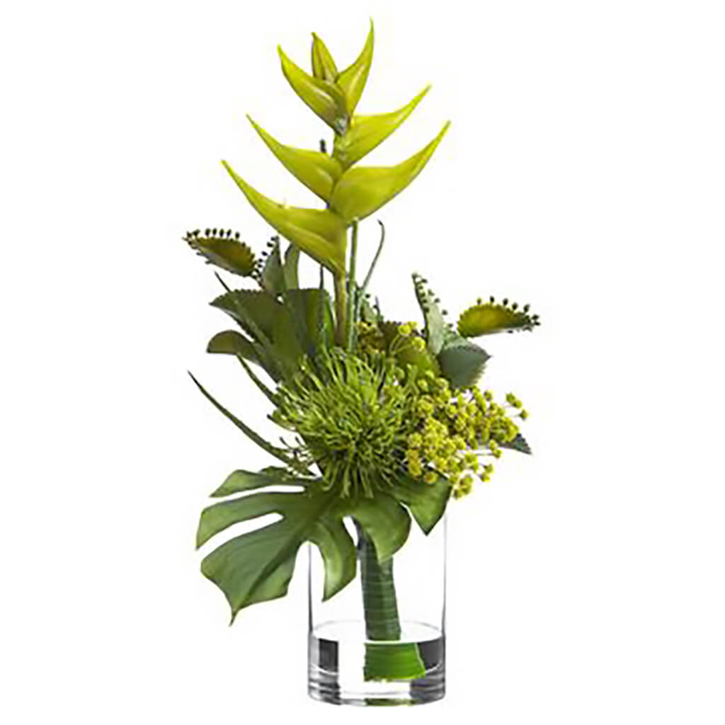 Heliconia/ Philo/Protea in Glass Vase Green