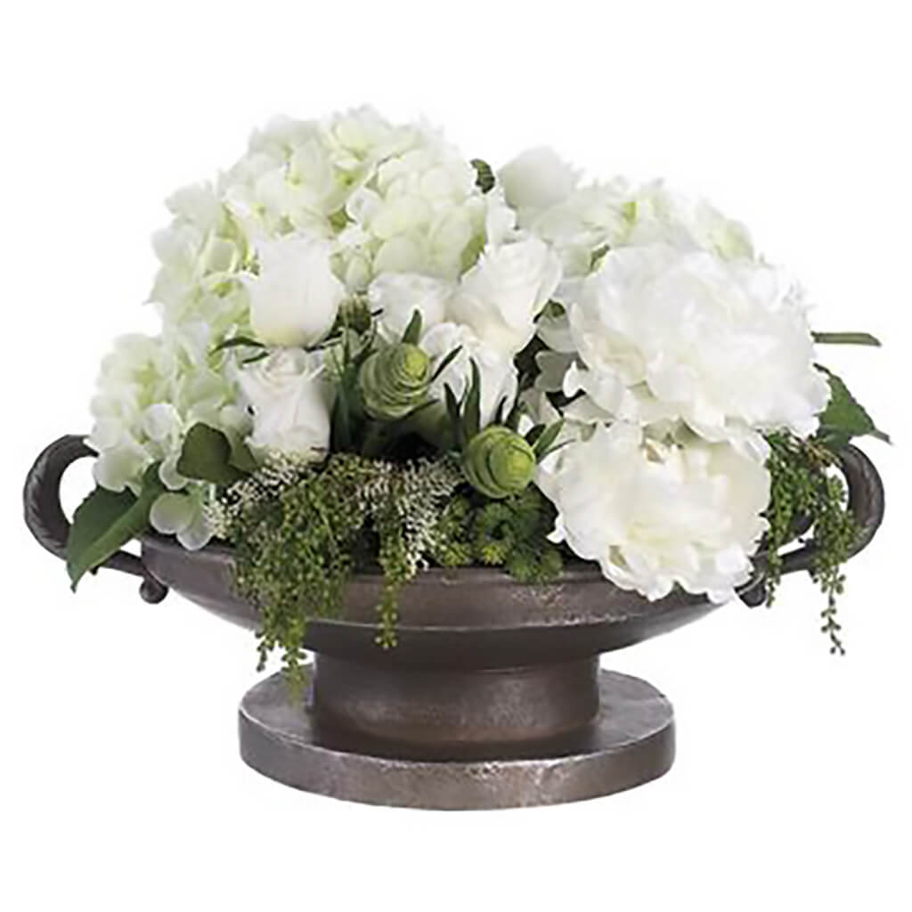 Peony/Rose Bud/Hydrangea/Berry in Tin Urn White Green