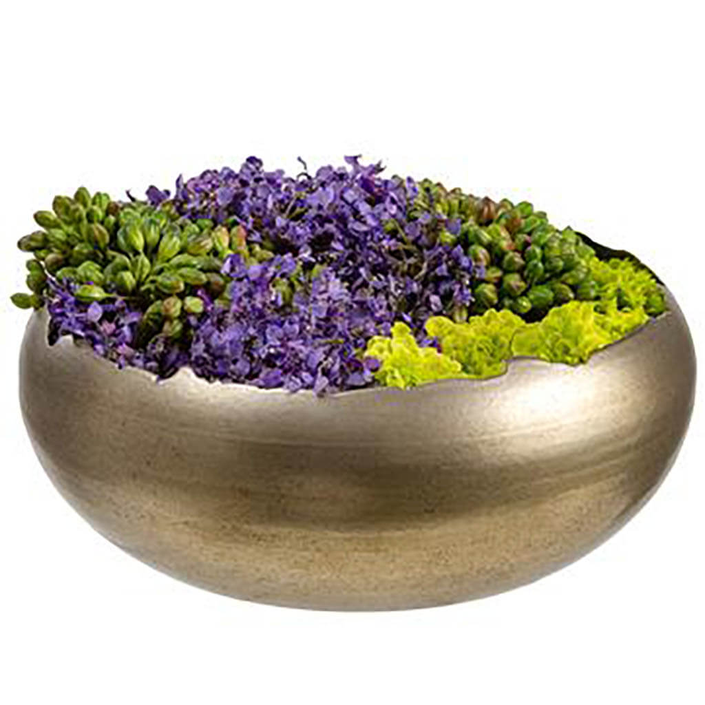 Berries/Statice/Pompon in Metal Bowl Green Purple