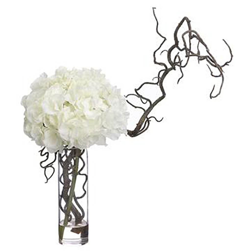 Hydrangea/ Curly Willow in Glass Vase White