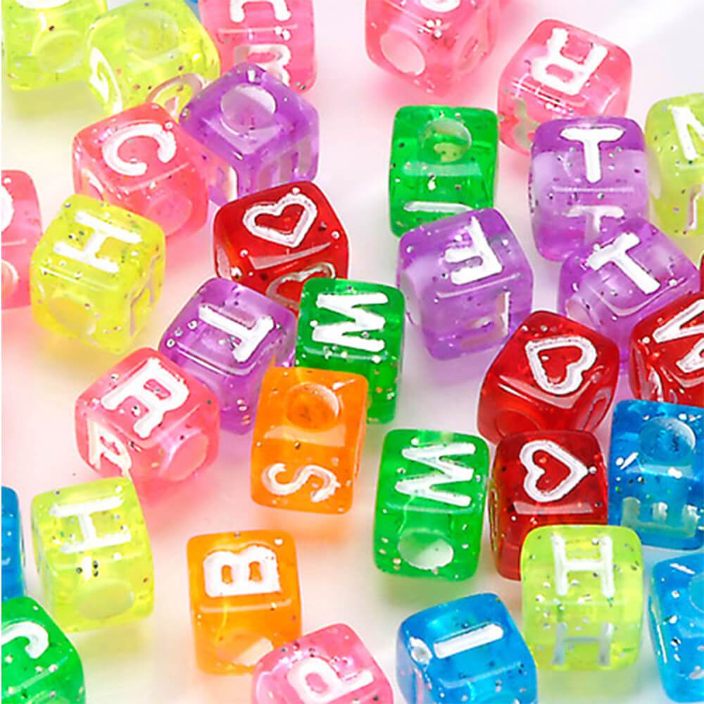 Acrylic Alphabet Beads Cube Transparent Glitter with White Letters 8mm 