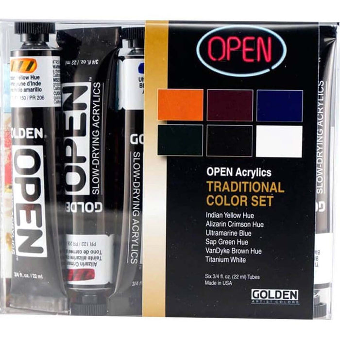Golden Artist Open Acrylic Set Traditional Colors Set of 6 colors 0.75oz