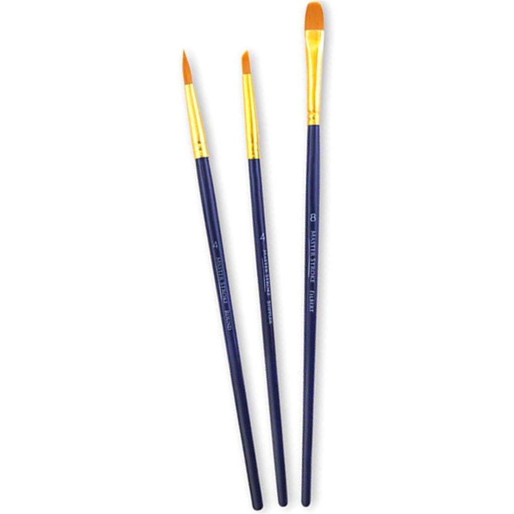 Artist Brush Set: Master Stroke Set x3 Versatility1 GoldenNylon Fil#8+Rnd#4+Stip#4 