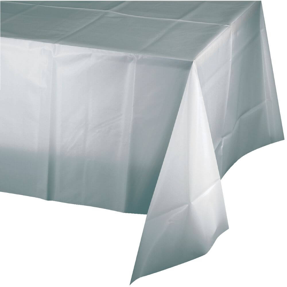 Shimmering Silver Plastic Table Cover 54in x 108in 