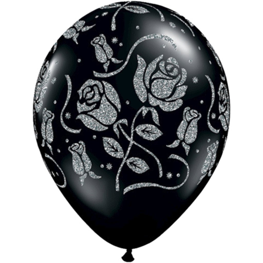 Latex Balloon Glitter Roses Black 11in 