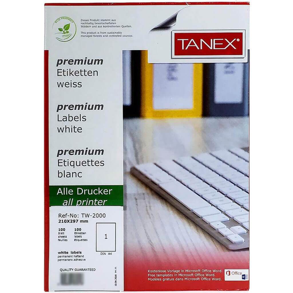 Tanex Self Adhesive Labels 100 A4 Sheet 210 x 297mm