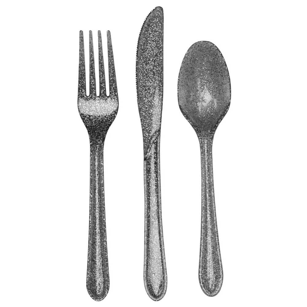 Premium Plastic Cutlery Set, Glitter Silver 