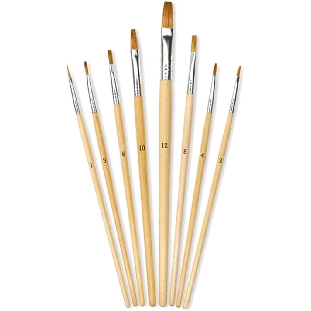 Artist Brush Set with Flat Bristle and Wood Handle, 8-Piece 