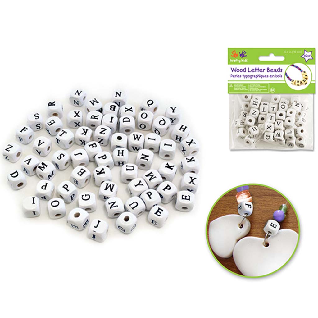 BEAD WOOD ALPHABET 60PCS 10MM WHITE 