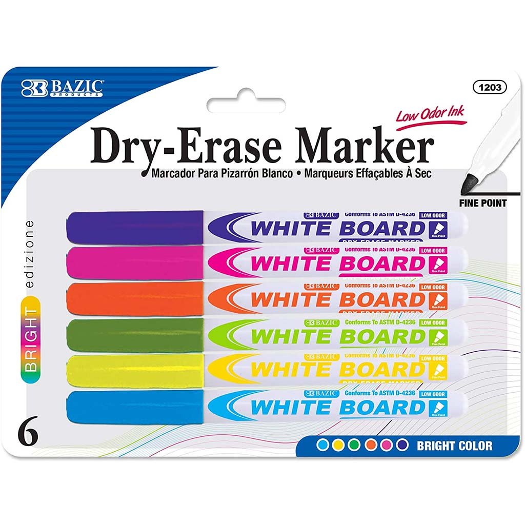 Bright Color Fine Tip Dry-Erase Marker 6/Pack