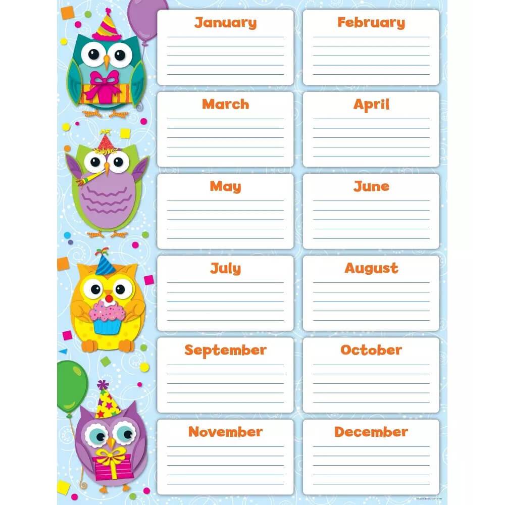 Colorful Owls Birthday Chart 