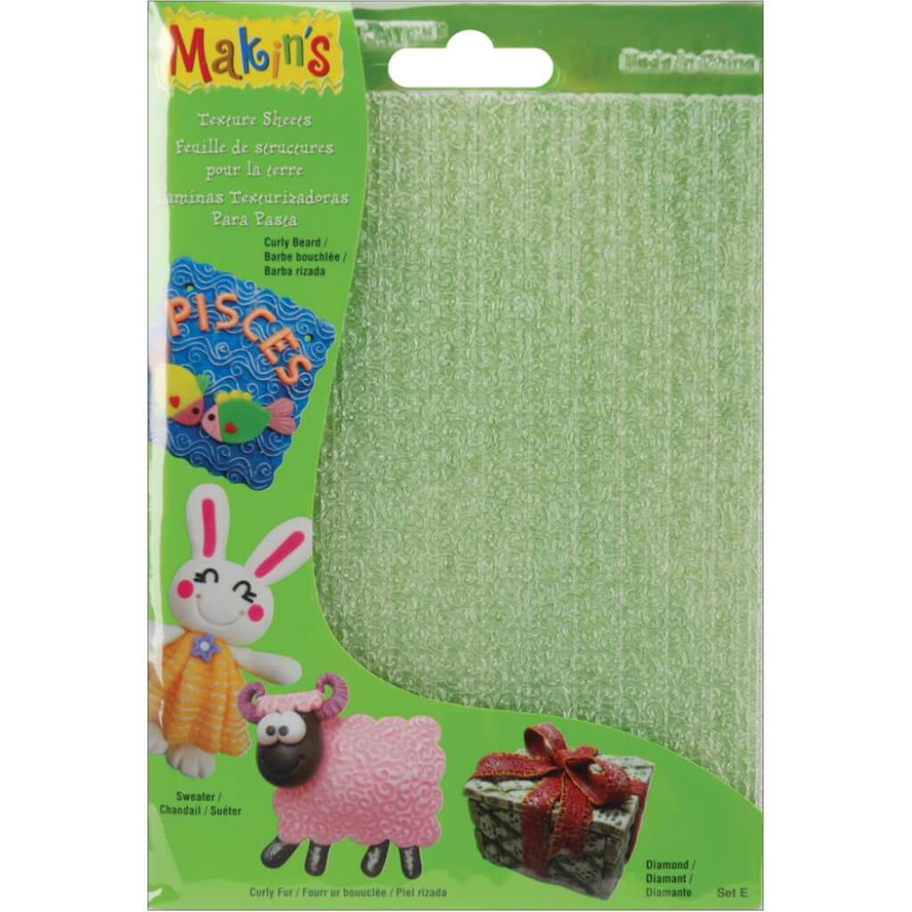 Makin's Clay Texture Sheets 7in x 5.5in Set E (Curly Beard,Sweater,Diamond&amp;Fur) 4pcs