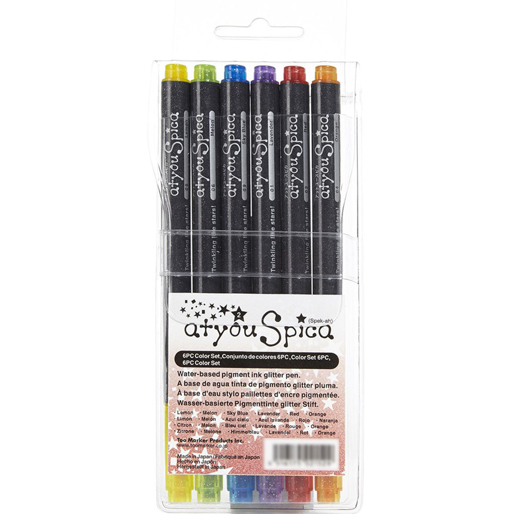 Spica Water-Based Pigment Ink Glitter Pens, 6pc