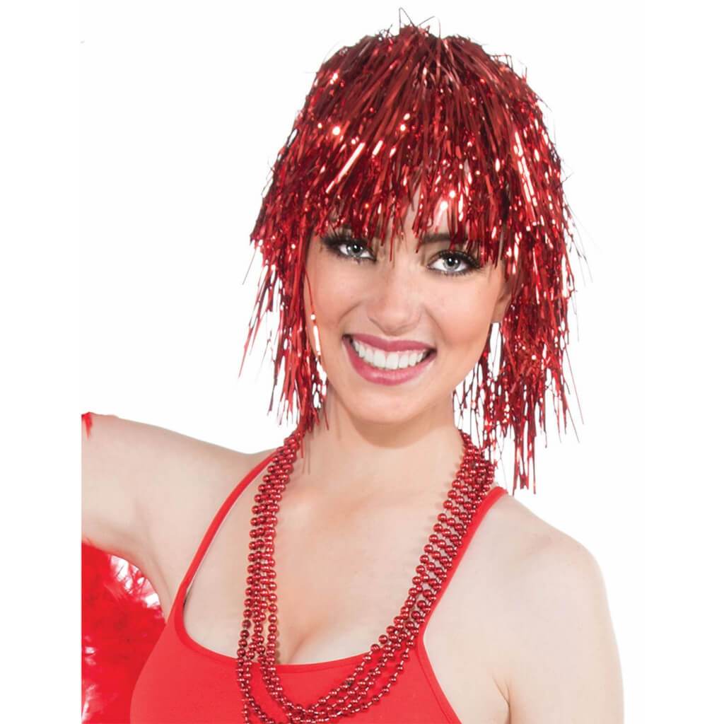 Red Tinsel Foil Wig