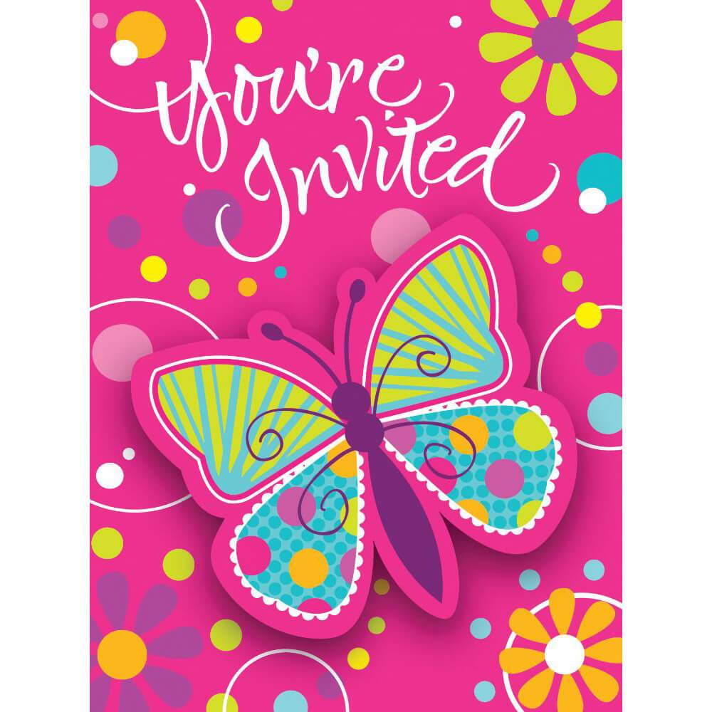 Butterfly Sparkle Birthday, Invitations 8ct 